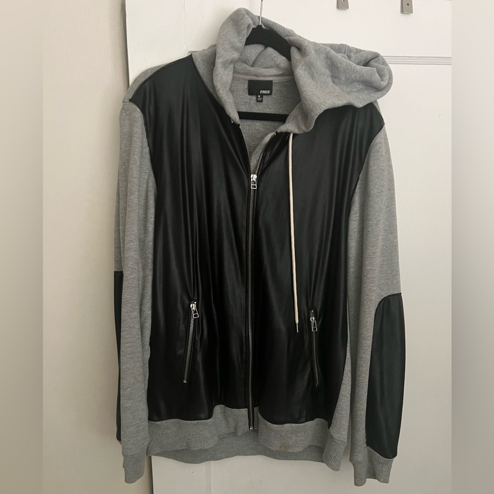 Wilfred Grey Zip Hoodie with Black Leather Accents, sz M